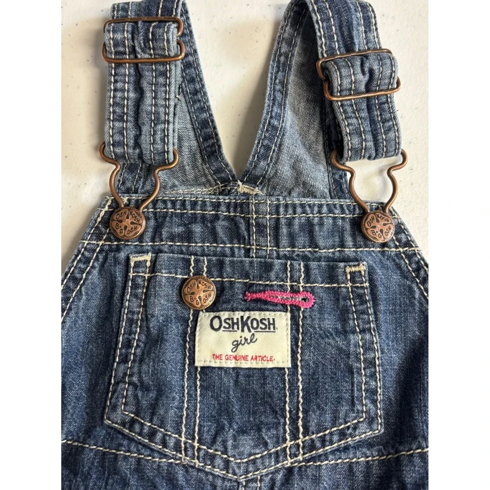 OshKosh B'gosh Jumper Dress Girl 18M Blue Floral Gingham Eyelet Ruffle Denim